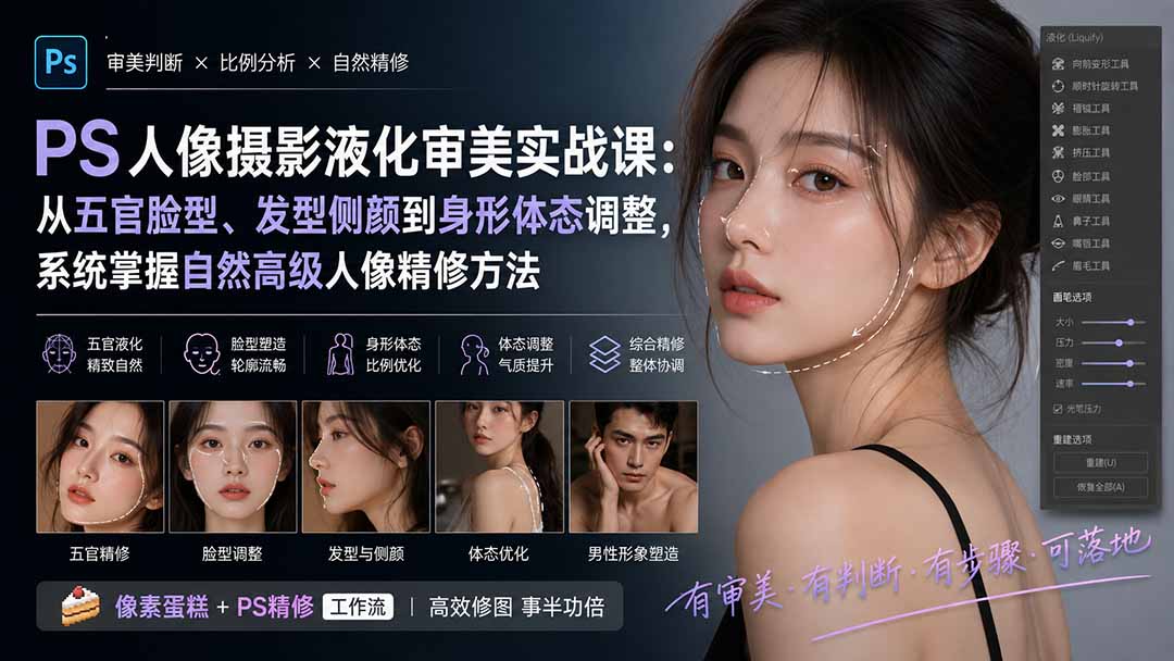 PS人像摄影液化审美实战课：从五官脸型、发型侧颜到身形体态调整，系统掌握自然高级人像精修方法