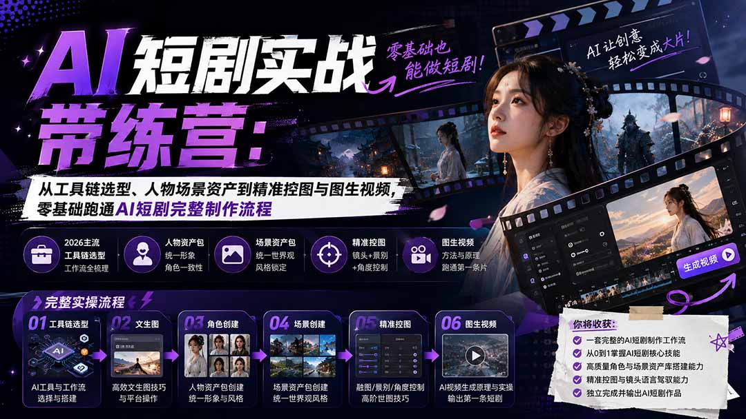 AI短剧实战训练营：从工具链选型、人物场景资产到精准控图与图生视频，零基础跑通AI短剧完整制作流程-资源后花园