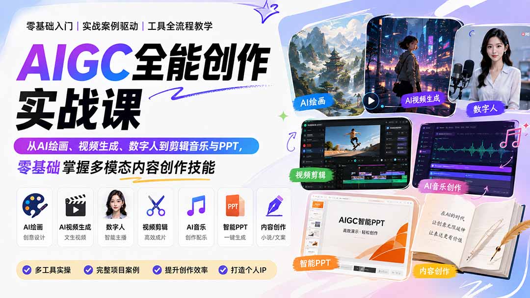 AIGC全能创作实战课：从AI绘画、视频生成、数字人到剪辑音乐与PPT，零基础掌握多模态内容创作技能