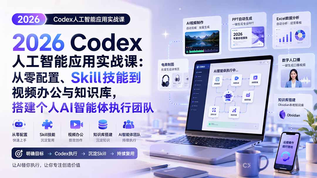 2026 Codex人工智能应用实战课：从零配置、Skill技能到视频办公与知识库，搭建个人AI智能体执行团队-资源后花园