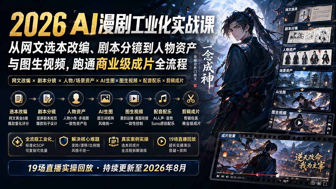 2026 AI漫剧工业化实战课-更新：从网文选本改编、剧本分镜到人物资产与图生视频，跑通商业级成片全流程