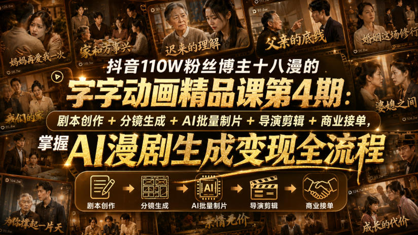 抖音110W粉丝博主十八漫的字字动画精品课第4期：剧本创作+分镜生成+剪辑+商业接单，掌握AI漫剧生成变现全流程-资源后花园