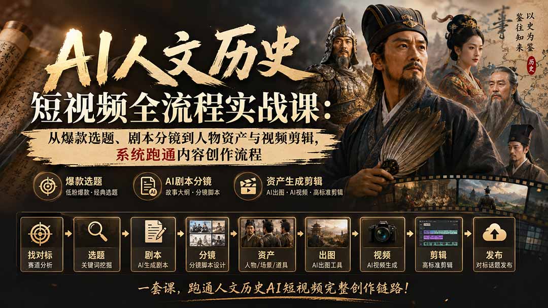 AI人文历史短视频全流程实战课：从爆款选题、剧本分镜到人物资产与视频剪辑，系统跑通内容创作流程-资源后花园