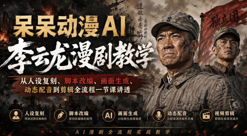 呆呆动漫AI李云龙漫剧教学，从人设复刻、脚本改编、画面生成、动态配音到剪辑全流程一节课讲透-资源后花园