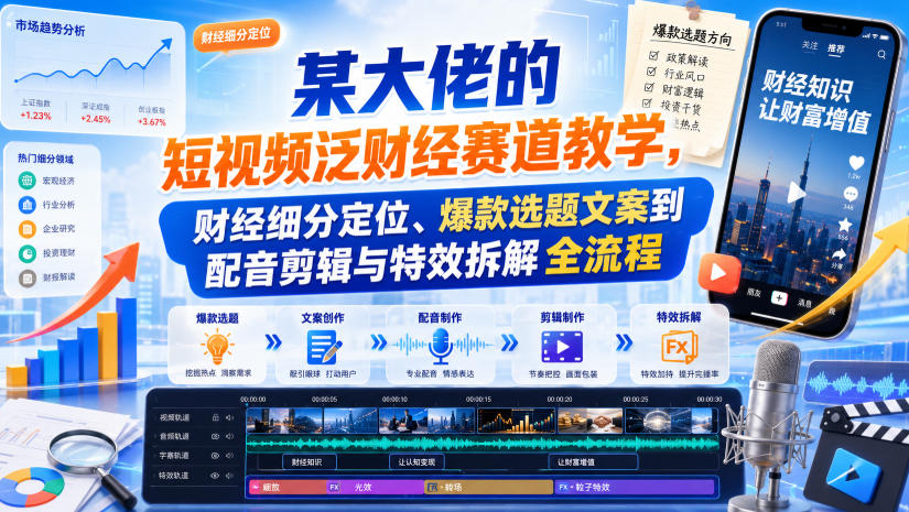 某大佬的短视频泛财经赛道教学，财经细分定位、爆款选题文案到配音剪辑与特效拆解全流程-资源后花园
