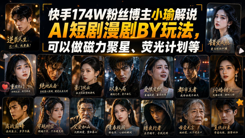 快手174W粉丝博主小瑜解说AI短剧漫剧搬运玩法，可以做磁力聚星、荧光计划等-资源后花园