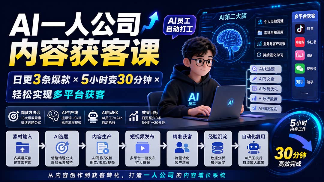 AI一人公司内容获客课-更新8月：日更3条爆款×5小时变30分钟×AI员工自动打工，轻松实现多平台获客-资源后花园