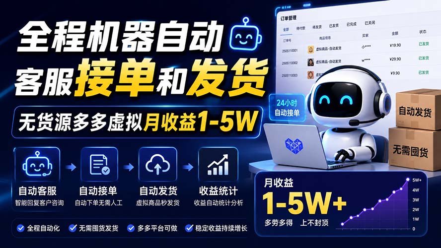 全程机器自动客服接单和发货，无货源多多虚拟月收益1-5W