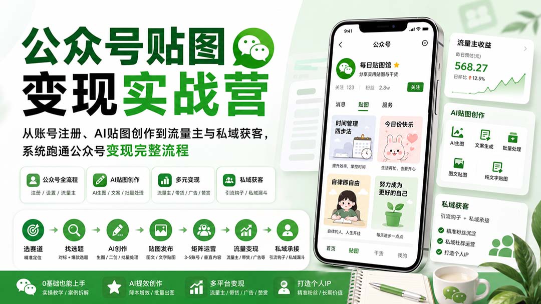 公众号贴图变现实战营：从账号注册、AI贴图创作到流量主与私域获客，系统跑通公众号变现完整流程-资源后花园
