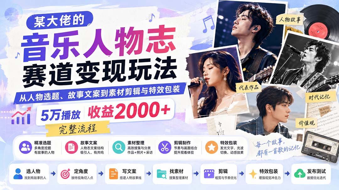 某大佬的音乐人物志赛道变现玩法：从人物选题、故事文案到素材剪辑与特效包装，5万播放收益2000+完整流程-资源后花园