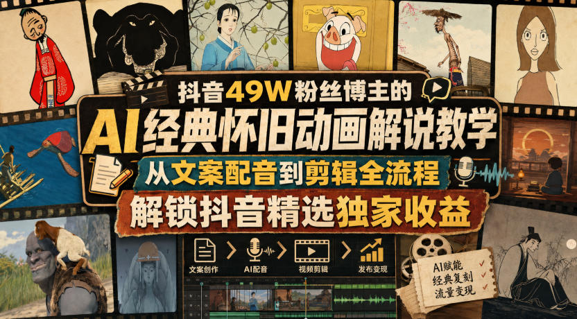 抖音49W粉丝博主的AI经典怀旧动画解说教学，从文案配音到剪辑全流程，解锁抖音精选独家收益-资源后花园