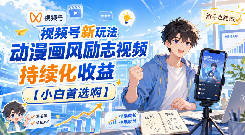 视频号新玩法动漫画风励志视频，持续化收益【小白首选啊】-资源后花园