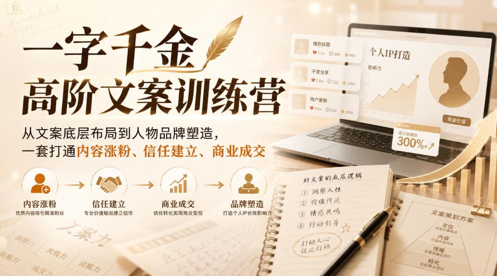 一字千金高阶文案训练营，从文案底层布局到人物品牌塑造，一套打通内容涨粉、信任建立、商业成交-资源后花园