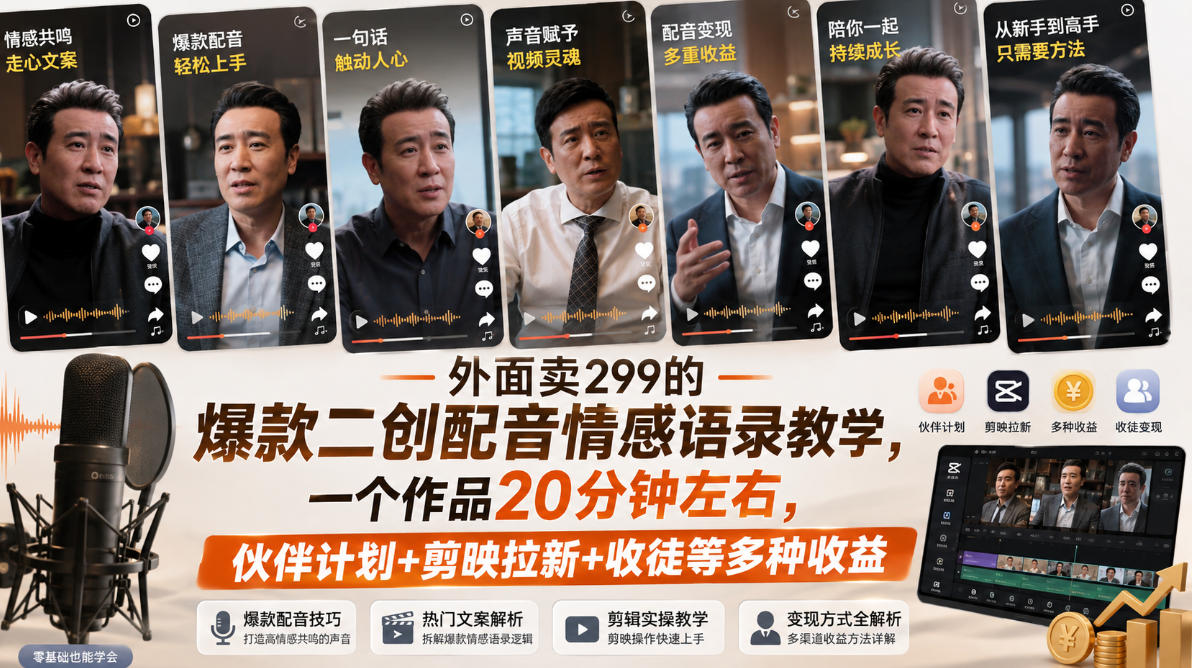 外面卖299的爆款二创配音情感语录教学，一个作品20分钟左右，伙伴计划+剪映拉新+收徒等多种收益-资源后花园