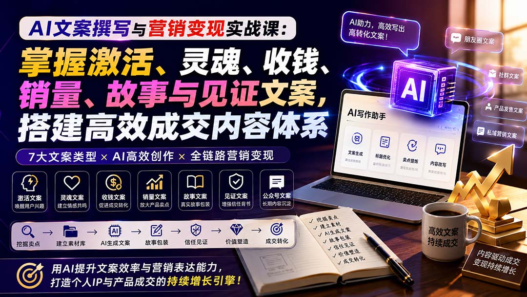 AI文案撰写与营销变现实战课：掌握激活、灵魂、收钱、销量、故事与见证文案，搭建高效成交内容体系-资源后花园