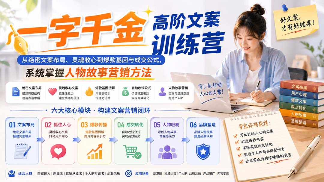 一字千金高阶文案训练营:从绝密文案布局、灵魂收心到爆款基因与成交公式,系统掌握人物故事营销方法