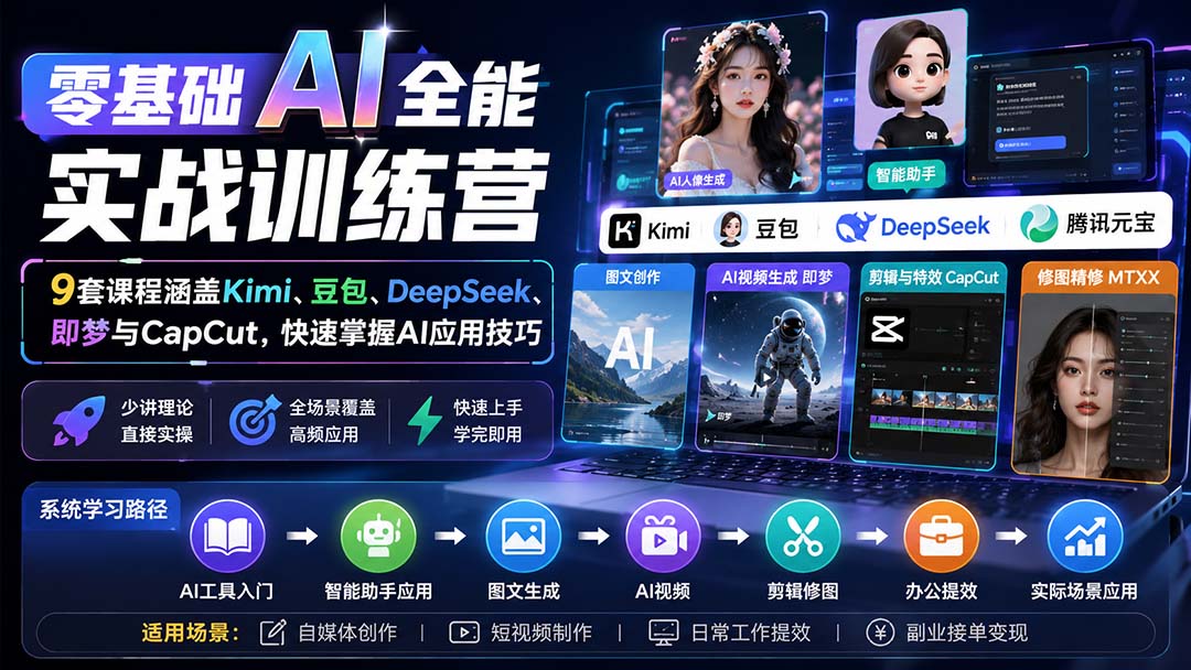 零基础AI全能实战训练营：9套课程涵盖Kimi、豆包、DeepSeek、即梦与CapCut，快速掌握AI应用技巧-资源后花园