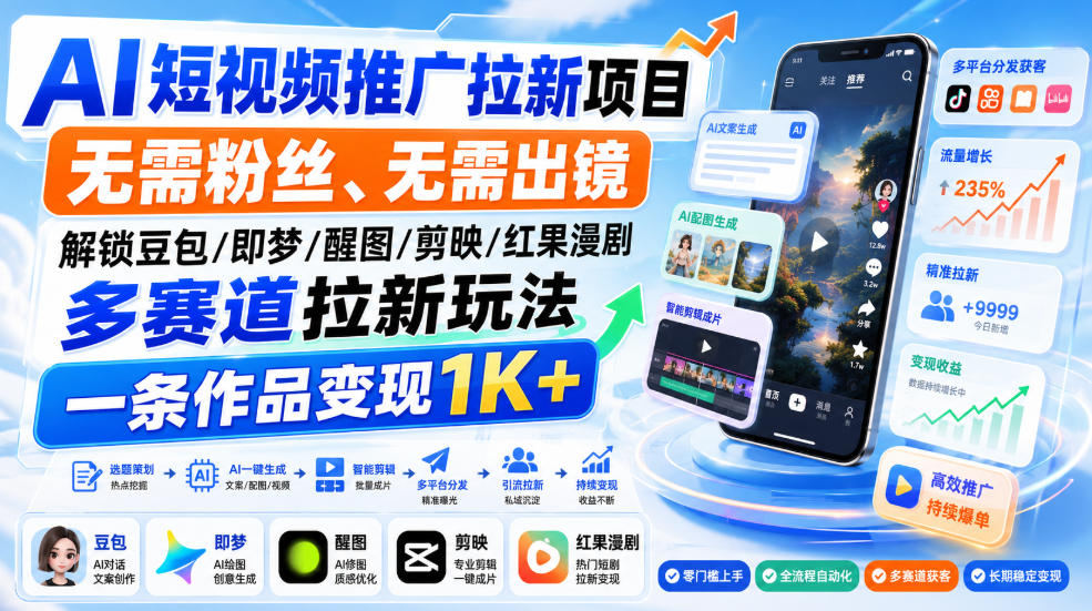 AI短视频推广拉新项目，无需粉丝、无需出镜，解锁豆包/即梦/醒图/剪映/红果漫剧多赛道拉新玩法，一条作品变现1K+-资源后花园