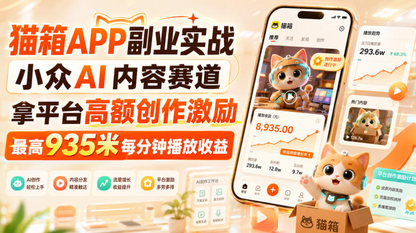 猫箱APP副业实战，小众AI内容赛道，拿平台高额创作激励，最高935米每分钟播放收益-资源后花园