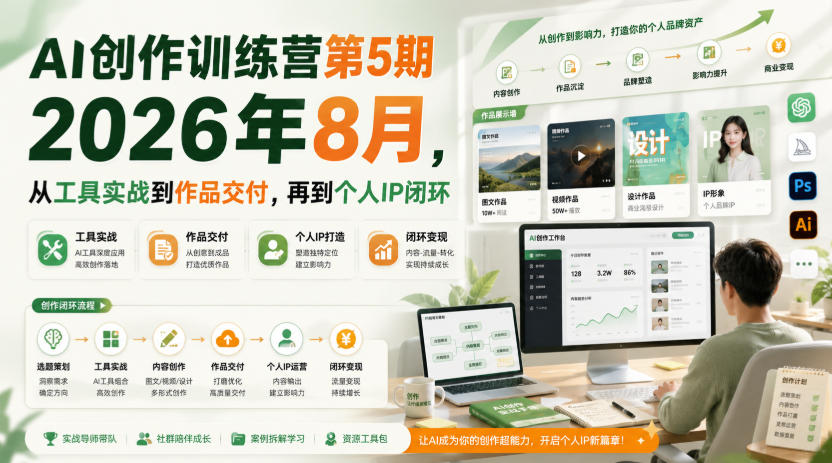 AI创作训练营第5期2026年8月，从工具实战到作品交付，再到个人IP闭环-资源后花园