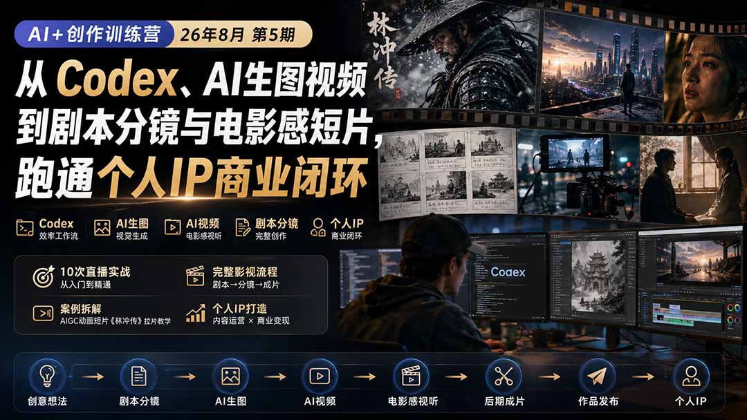 AI+创作训练营26年8月第5期：从Codex、AI生图视频到剧本分镜与电影感短片，跑通个人IP商业闭环