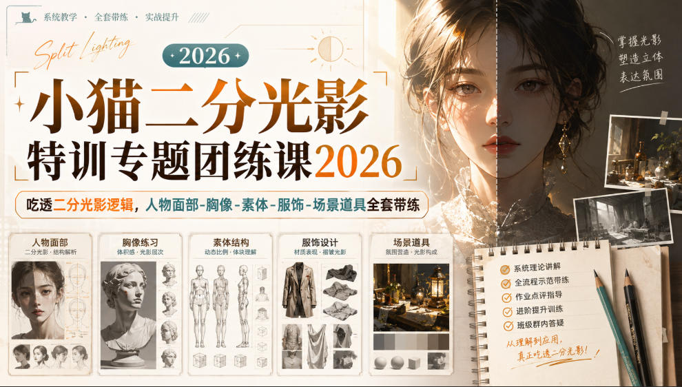 小猫二分光影特训专题团练课2026｜吃透二分光影逻辑，人物面部‑胸像‑素体‑服饰‑场景道具全套带练，高清画质附赠课件与笔刷-资源后花园