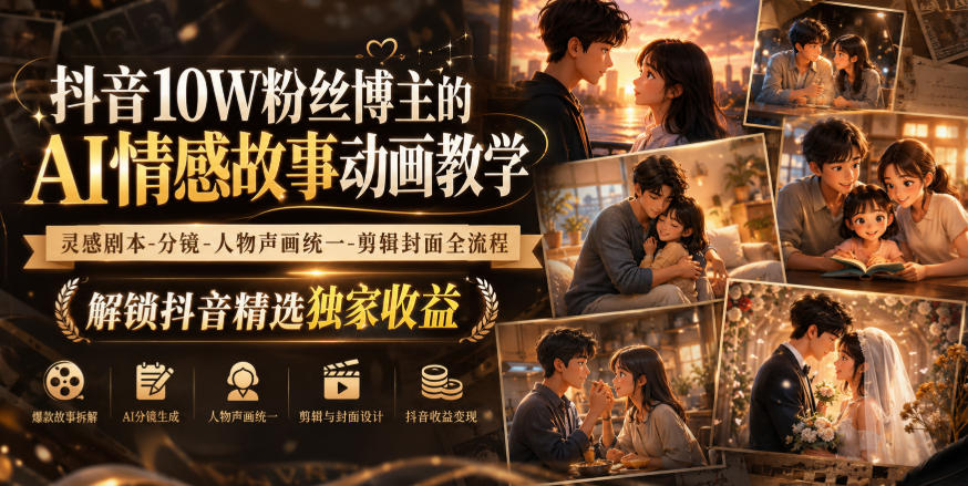 抖音10W粉丝博主的AI情感故事动画教学，灵感剧本‑分镜‑人物声画统一‑剪辑封面全流程，解锁抖音精选独家收益-资源后花园