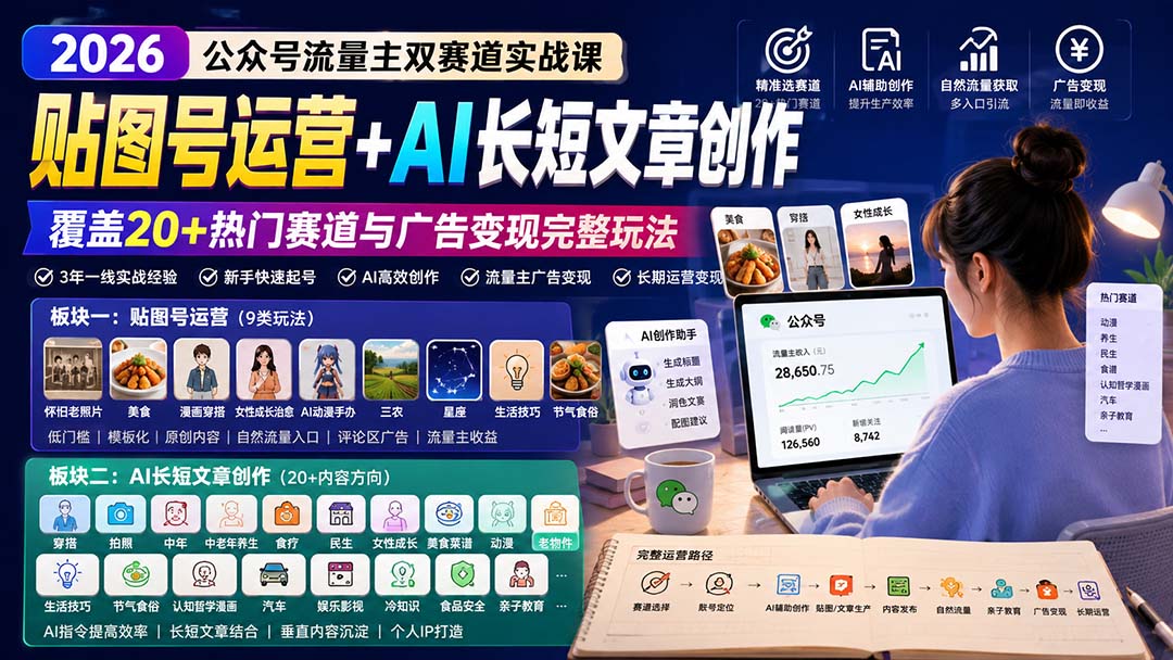 公众号流量主双赛道实战课：贴图号运营+AI长短文章创作，覆盖20+热门赛道与广告变现完整玩法-资源后花园