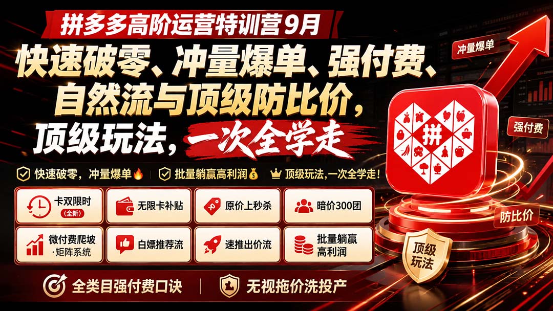 拼多多高阶运营特训营9月：快速破零、冲量爆单、强付费、自然流与顶级防比价， 顶级玩法，一次全学走-资源后花园