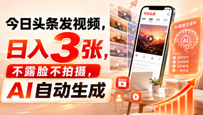 今日头条发视频，日入3张，不露脸不拍摄，AI自动生成-资源后花园