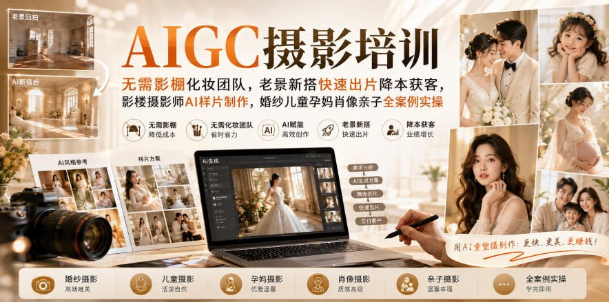 AIGC摄影培训｜无需影棚化妆团队，老景新搭快速出片降本获客，影楼摄影师AI样片制作，婚纱儿童孕妈肖像亲子全案例实操-资源后花园