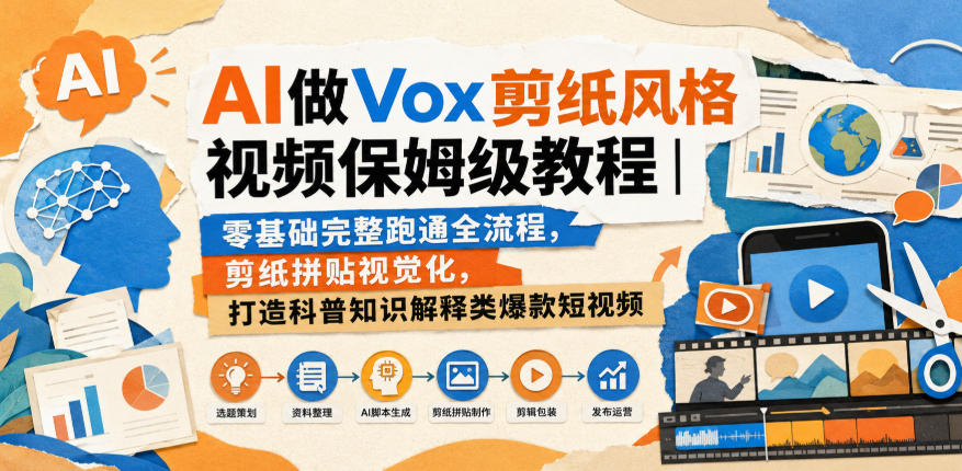 AI做Vox剪纸风格视频保姆级教程｜零基础完整跑通全流程，剪纸拼贴视觉化，打造科普知识解释类爆款短视频-资源后花园