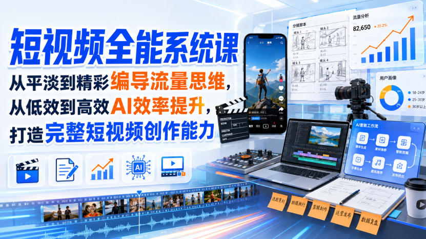 短视频全能系统课，从平淡到精彩编导流量思维，从低效到高效AI效率提升，打造完整短视频创作能力(2026年8月30更新233集)-资源后花园