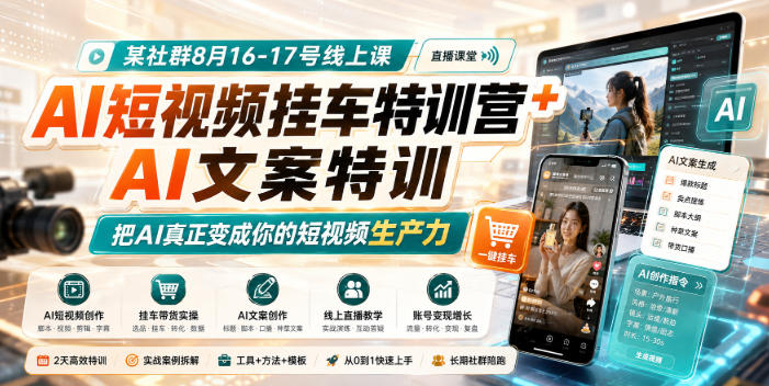 某社群8月16-17号线上课，AI短视频挂车特训营+AI文案特训，把AI真正变成你的短视频生产力-资源后花园