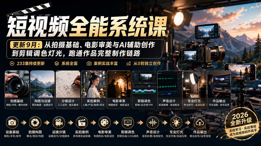 短视频全能系统课-更新8月233集：从拍摄基础、电影审美与AI辅助创作到剪辑调色灯光，跑通作品完整制作链路-资源后花园