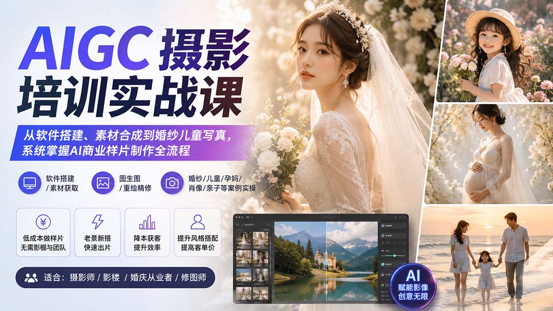 AIGC摄影培训实战课：从软件搭建、素材合成到婚纱儿童写真，系统掌握AI商业样片制作全流程-资源后花园