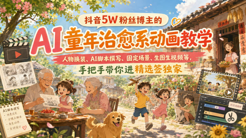 抖音5W粉丝博主的AI童年治愈系动画教学，人物换装、AI脚本撰写、固定场景、生图生视频等，手把手带你进精选签独家-资源后花园