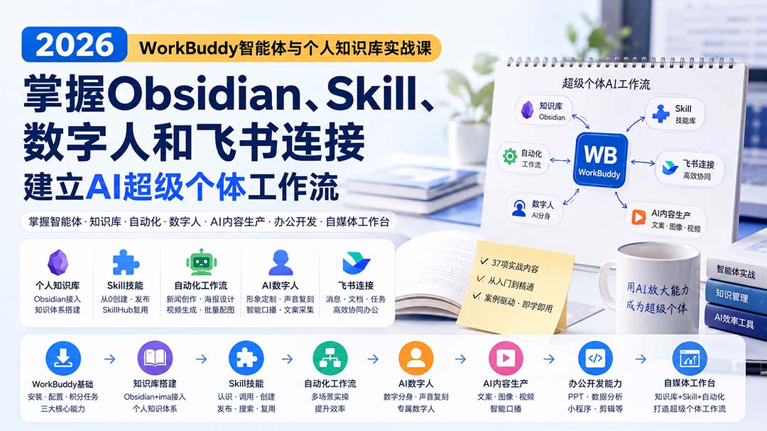 2026 WorkBuddy智能体与个人知识库实战课：掌握Obsidian、Skill、数字人和飞书连接，建立AI超级个体工作流-资源后花园