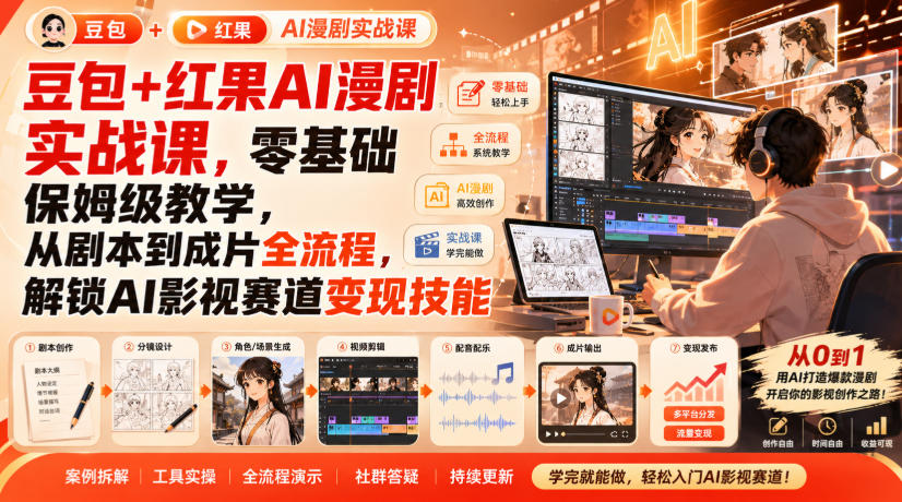 豆包+红果AI漫剧实战课，零基础保姆级教学，从剧本到成片全流程，解锁AI影视赛道变现技能-资源后花园