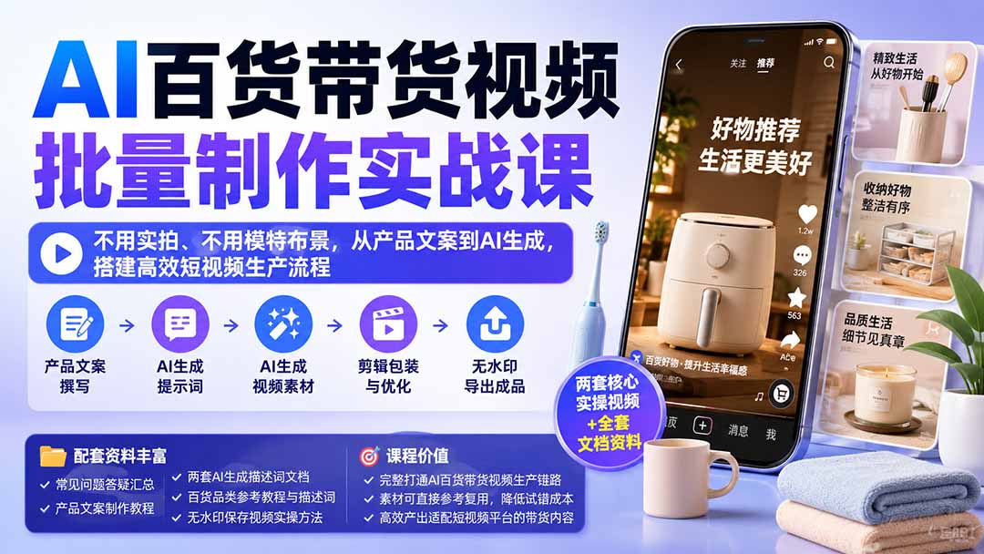 AI百货带货视频批量制作实战课：不用实拍、不用模特布景，从产品文案到AI生成，搭建高效短视频生产流程-资源后花园