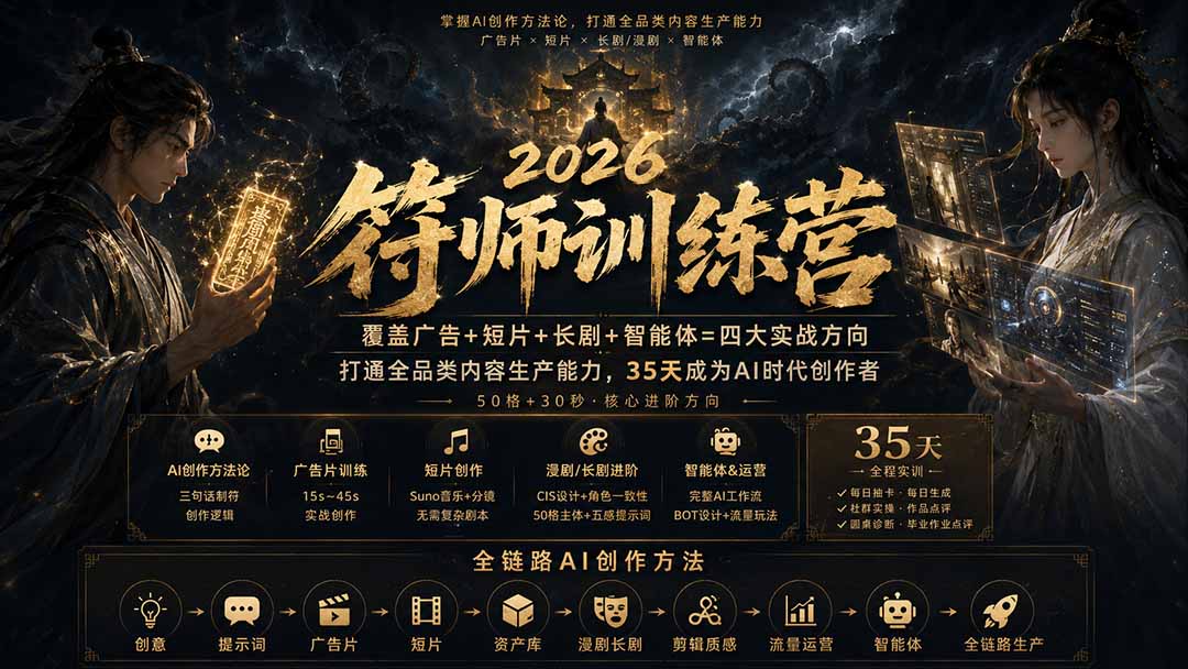 符师训练营-35天成为AI时代创作者，广告+短片+漫剧+智能体四大实战方向，掌握从创意到上线的完整工作流-资源后花园