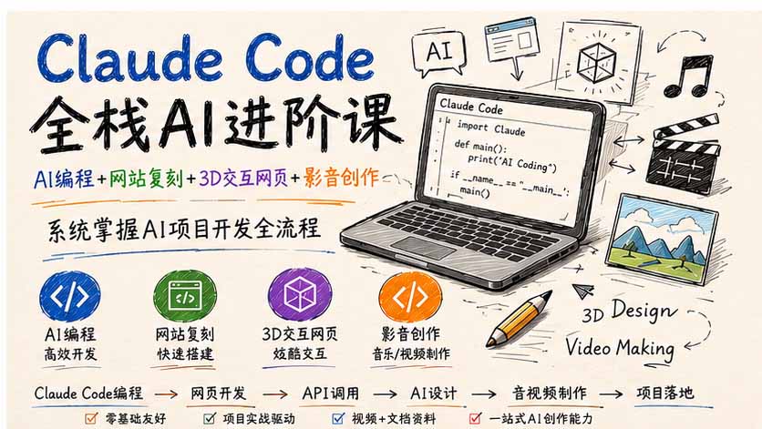Claude Code全栈AI进阶课-更新；AI编程+网站复刻+3D交互网页+影音创作，系统掌握AI项目开发全流程-资源后花园