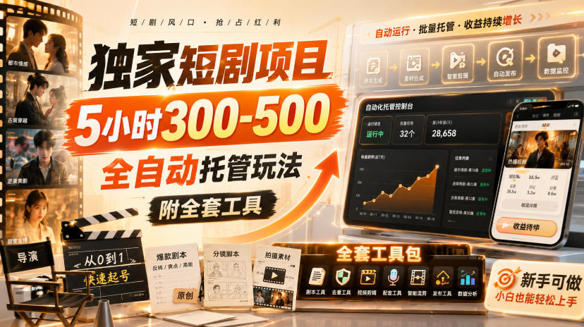 独家短剧项目，5小时300-500，全自动托管玩法，附全套工具【揭秘】-资源后花园