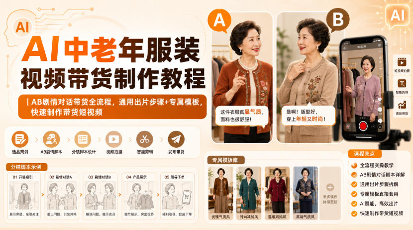 AI中老年服装视频带货制作教程｜AB剧情对话带货全流程，通用出片步骤+专属模板，快速制作带货短视频-资源后花园