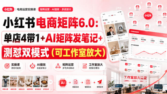 小红书电商矩阵6.0：单店4带1+AI矩阵发笔记+测怼双模式(可工作室放大)-资源后花园