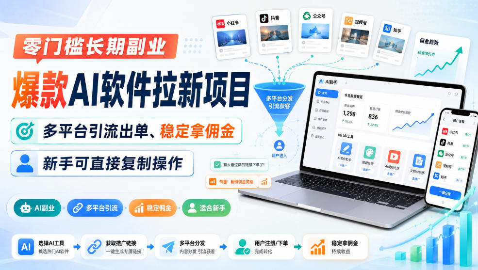 零门槛长期副业，爆款AI软件拉新项目，多平台引流出单、稳定拿佣金，新手可直接复制操作-资源后花园
