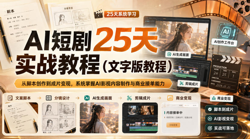 AI短剧25天实战教程(文字版教程)，从脚本创作到成片变现，系统掌握AI影视内容制作与商业接单能力-资源后花园
