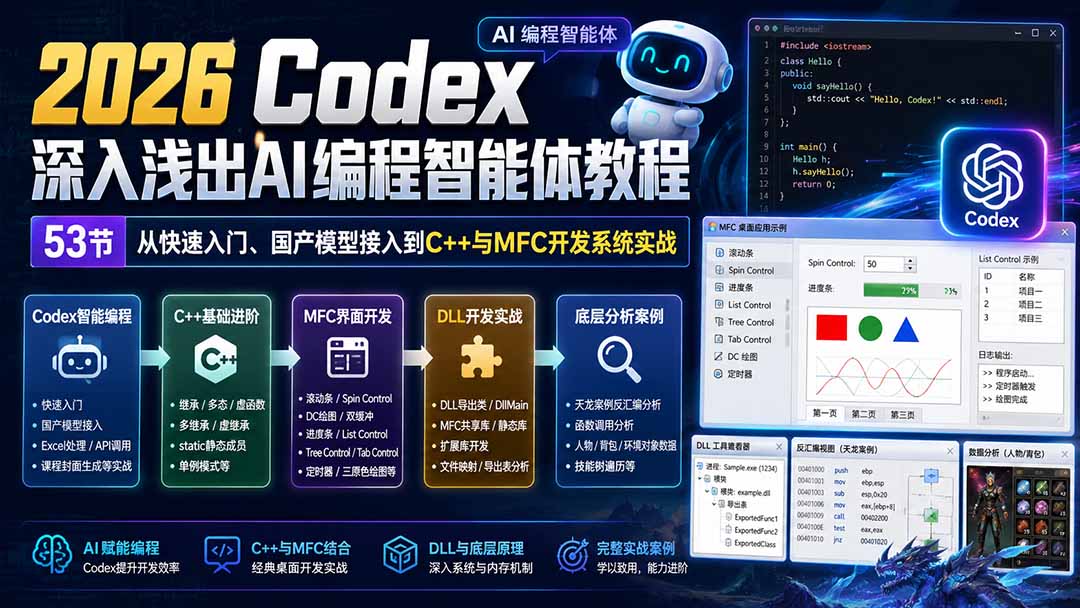 2026 Codex深入浅出AI编程智能体教程：53节从快速入门、国产模型接入到C++与MFC开发系统实战-资源后花园