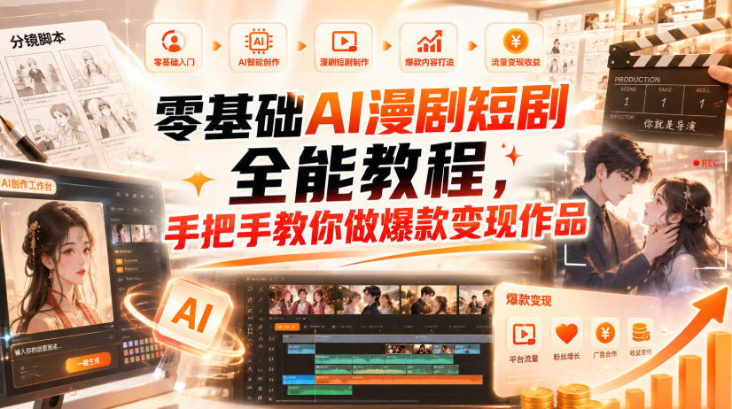 零基础AI漫剧短剧全能教程，从AI智能体搭建、文案脚本分镜、多平台AI生视频、剪映精修，覆盖全题材创作，手把手教你做爆款变现作品-资源后花园