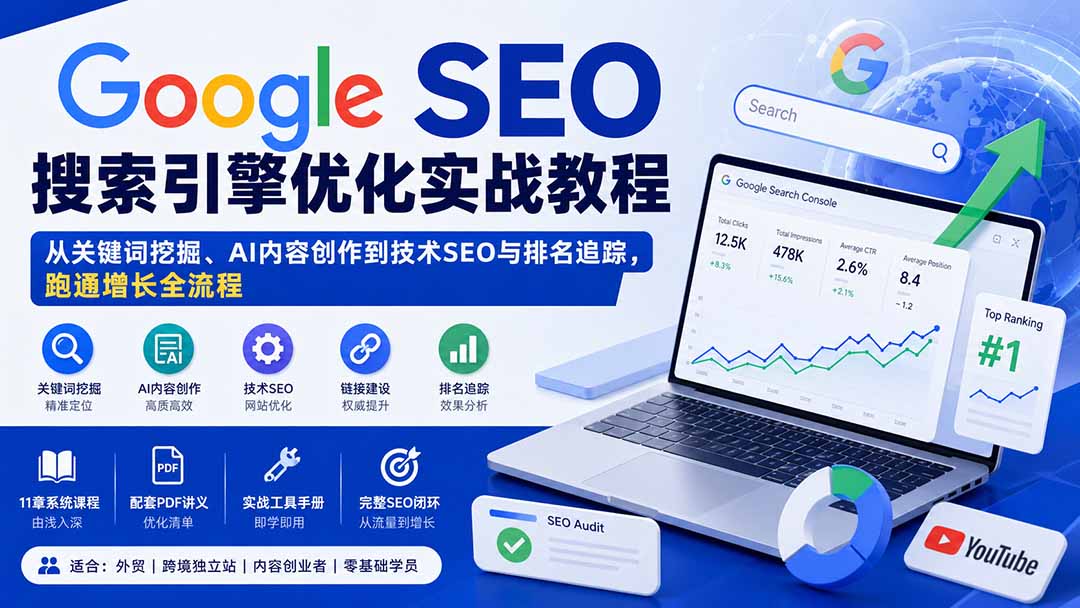 Google SEO搜索引擎优化实战教程：从关键词挖掘、AI内容创作到技术SEO与排名追踪，跑通增长全流程-资源后花园